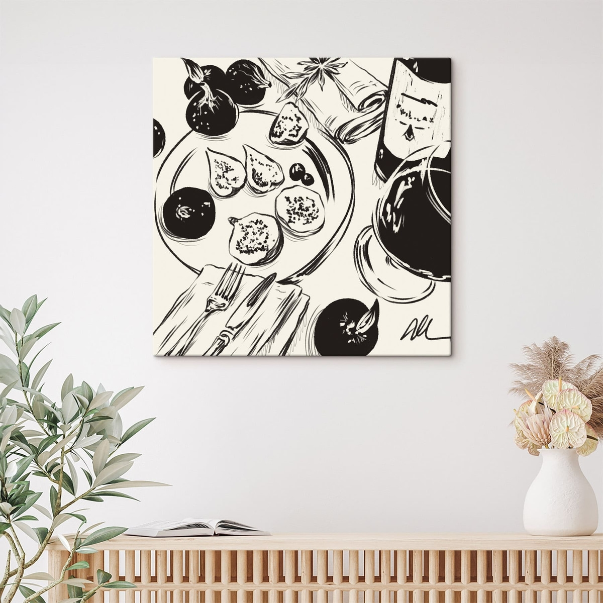 Zwart-witte schets van een tafel met fruit en een glas — interieur 2