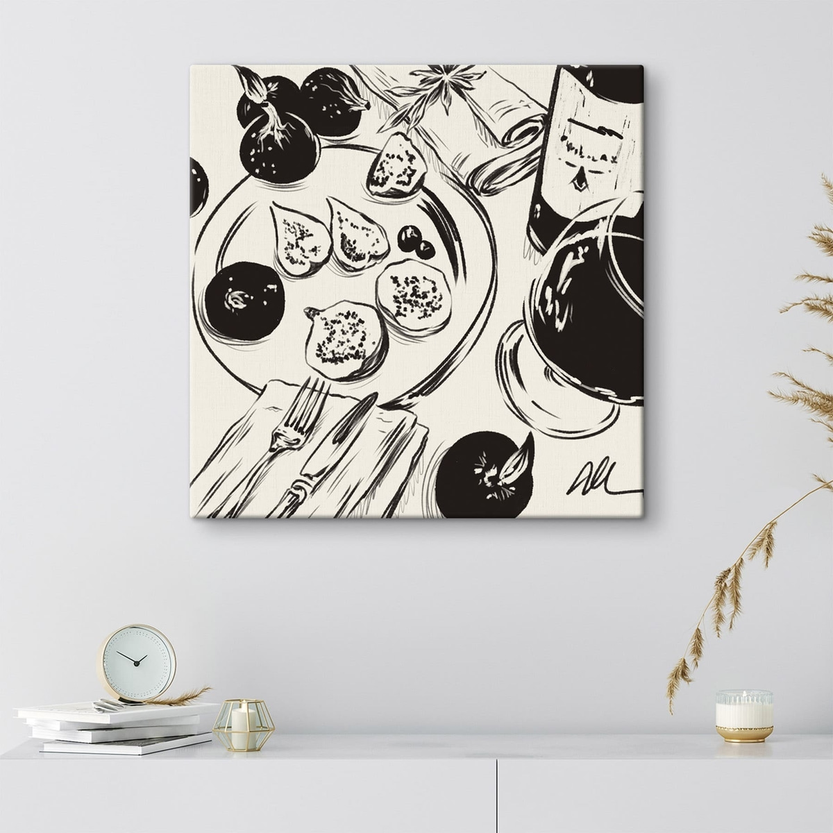 Zwart-witte schets van een tafel met fruit en een glas — interieur 3