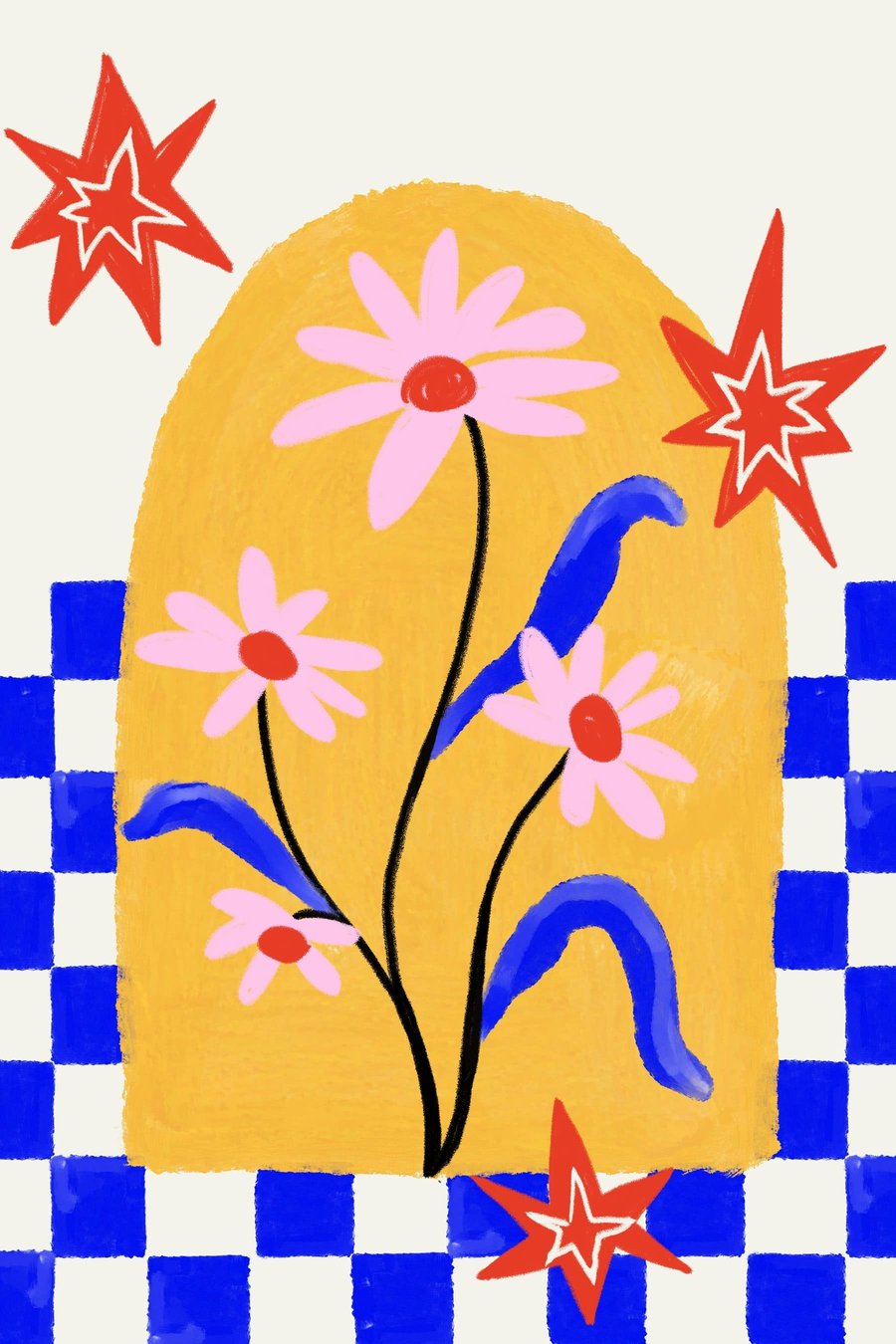 Felle bloemen op een gele achtergrond met een blauw patroon — volledig ontwerp