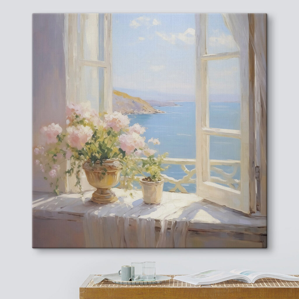 Zeezicht naast roze rozen in een interieur