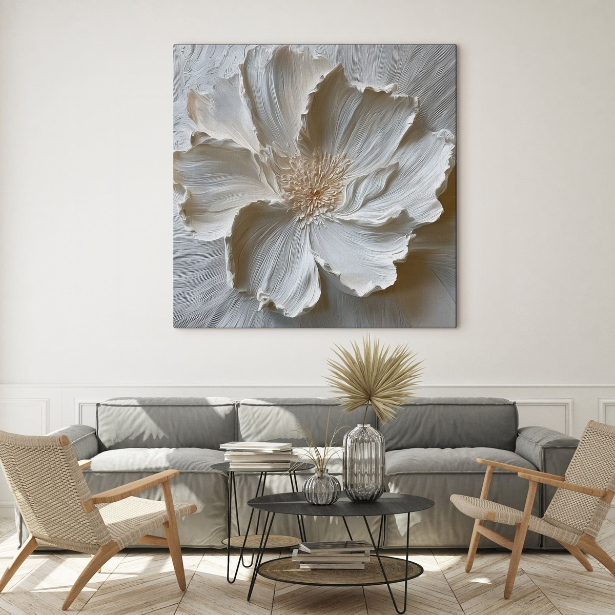 witte gipsen reliëf bloemensculptuur — interieur 2