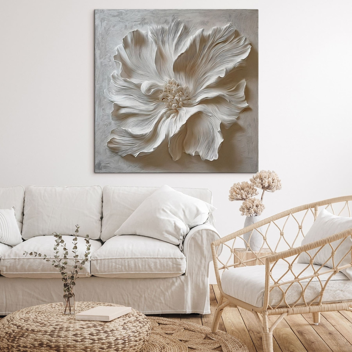 witte gipsen reliëf bloemensculptuur — interieur 1