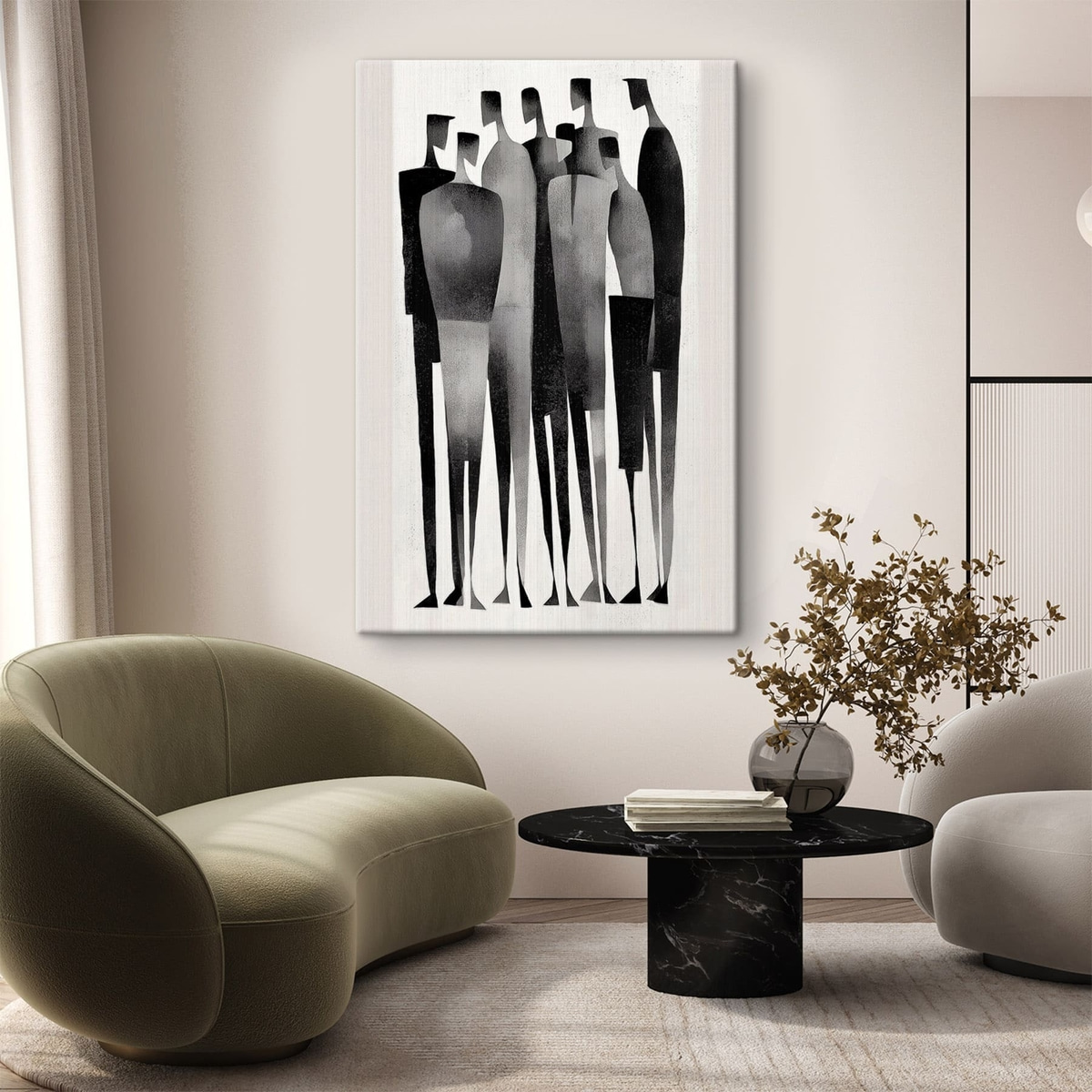 minimalistische langgerekte menselijke figuren die in een rij staan — interieur 2