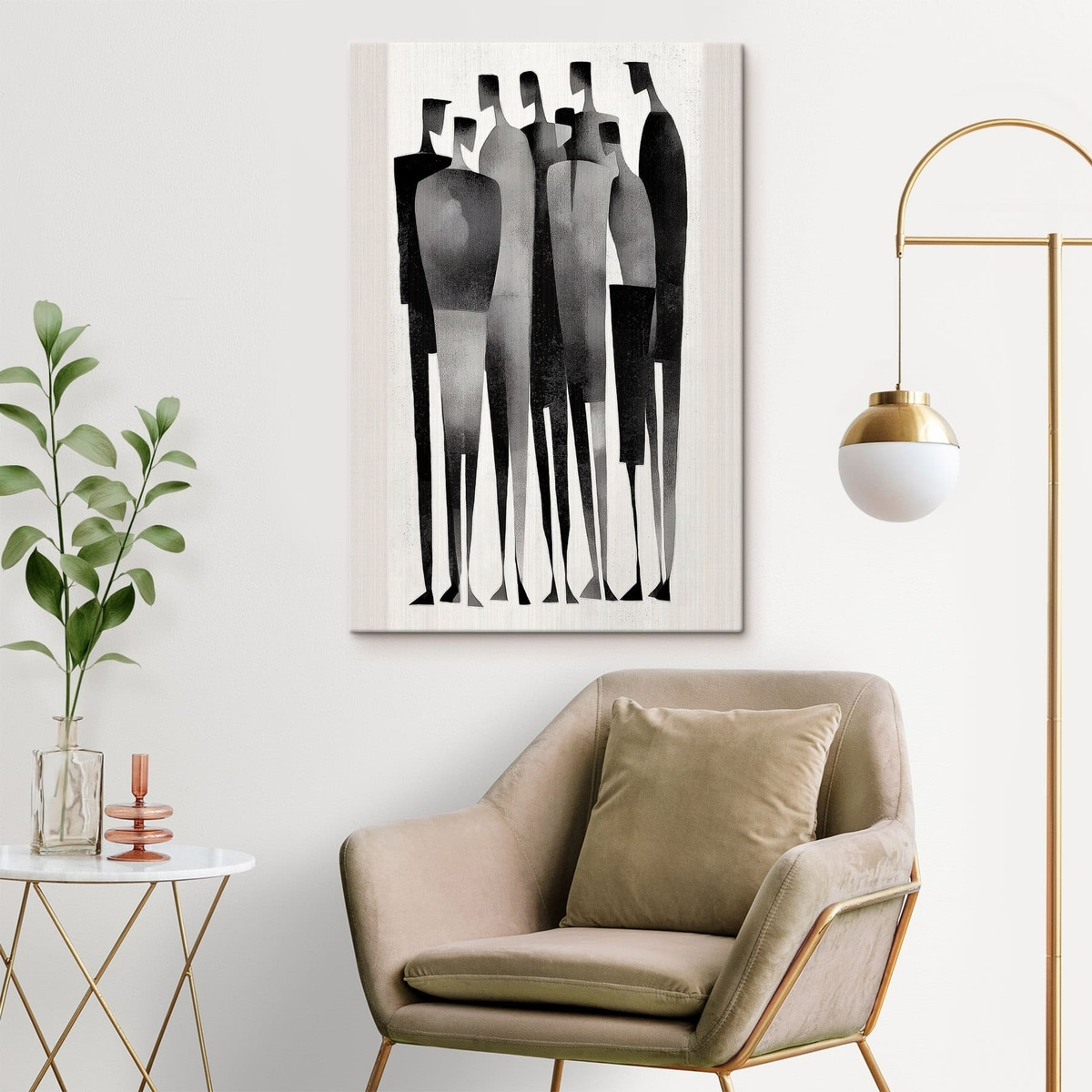 minimalistische langgerekte menselijke figuren die in een rij staan — interieur 1