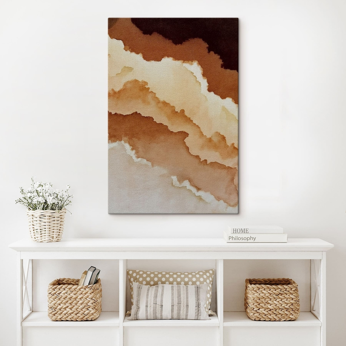 abstracte gelaagde aquarelcompositie in een interieur