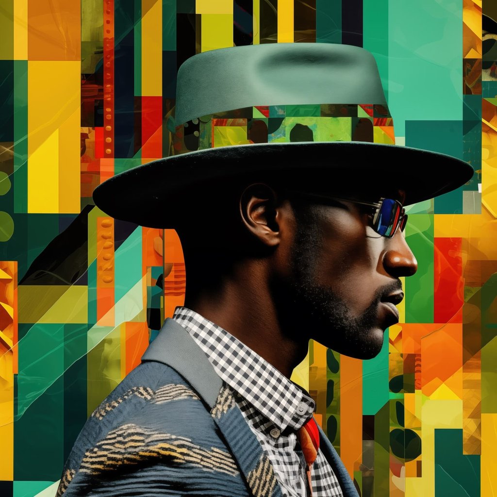 Portret van een man met hoed tegen een levendige achtergrond — volledig ontwerp