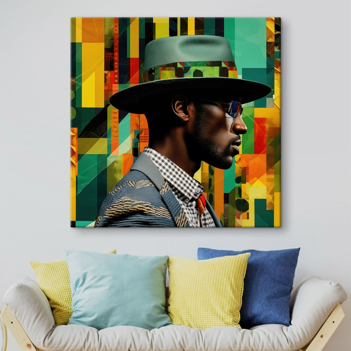 Portret van een man met hoed tegen een levendige achtergrond — interieur 1