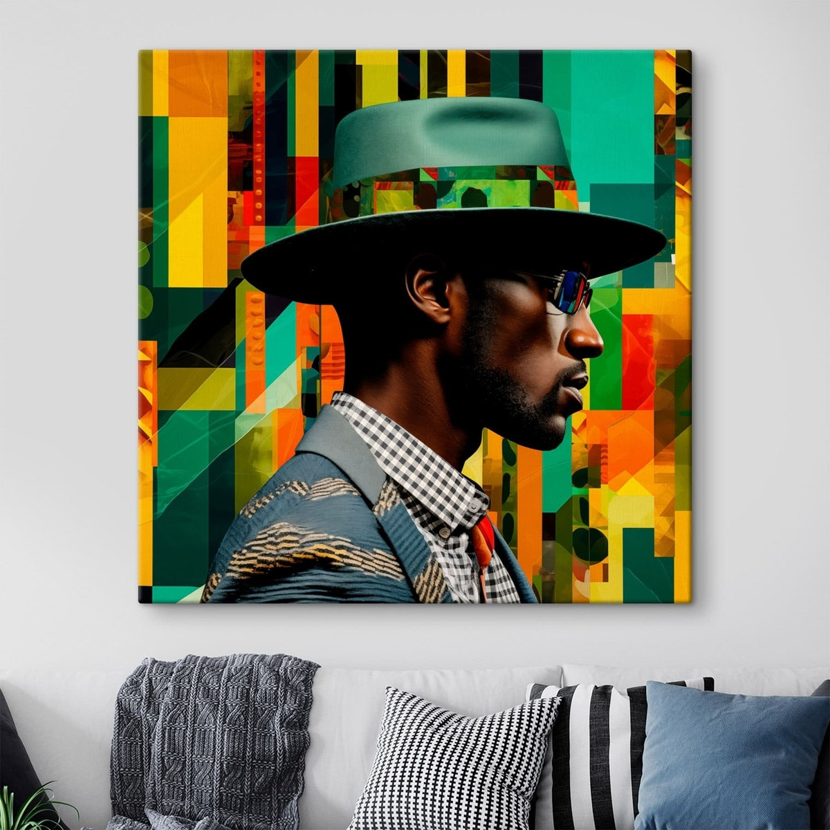 Portret van een man met hoed tegen een levendige achtergrond — interieur 2
