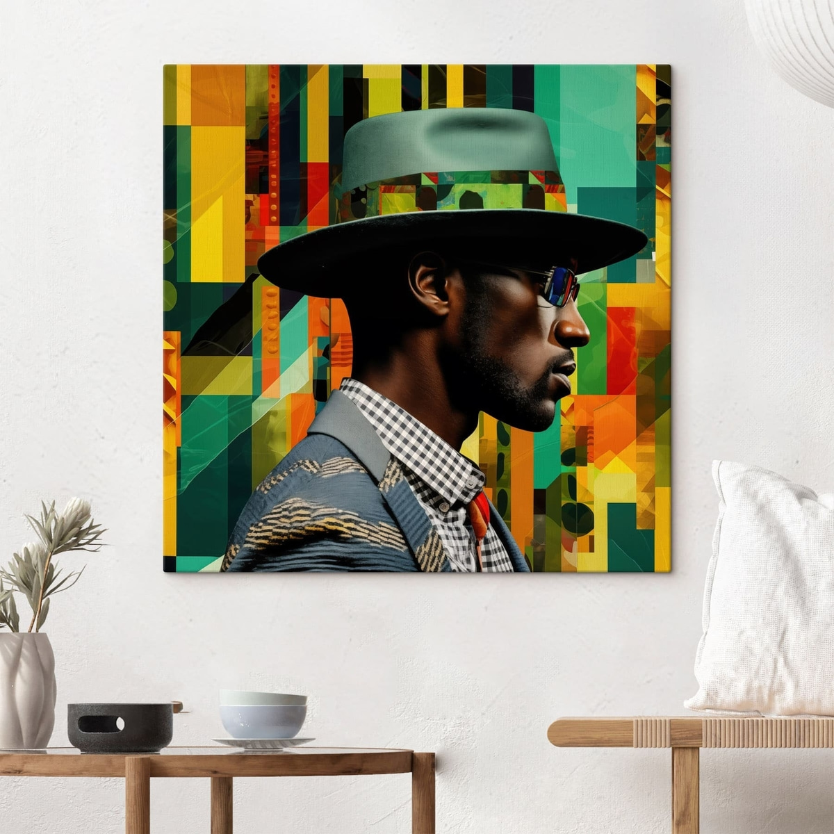 Portret van een man met hoed tegen een levendige achtergrond — interieur 3