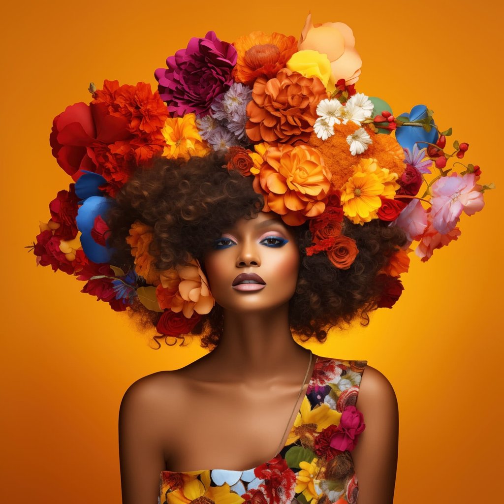 Vrouw met bloemenhoofddeksel op oranje achtergrond — volledig ontwerp