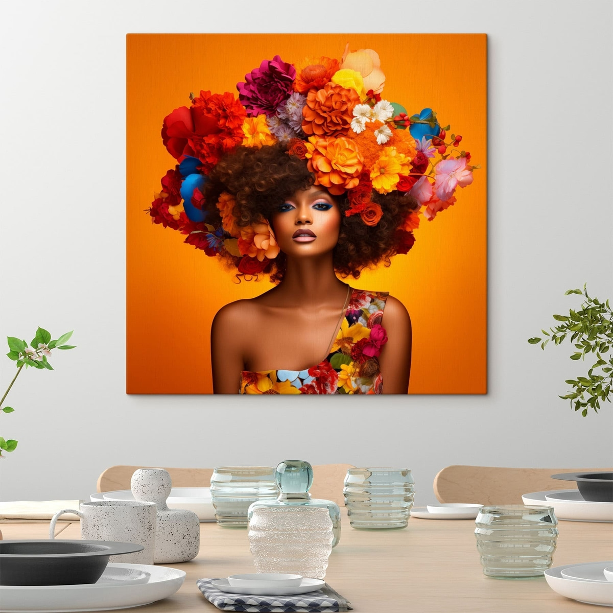 Vrouw met bloemenhoofddeksel op oranje achtergrond — interieur 3