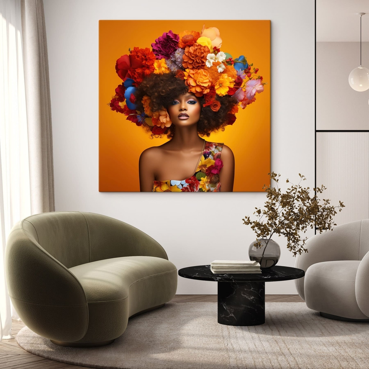 Vrouw met bloemenhoofddeksel op oranje achtergrond — interieur 2