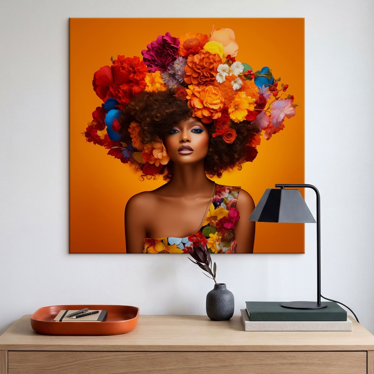 Vrouw met bloemenhoofddeksel op oranje achtergrond — interieur 1