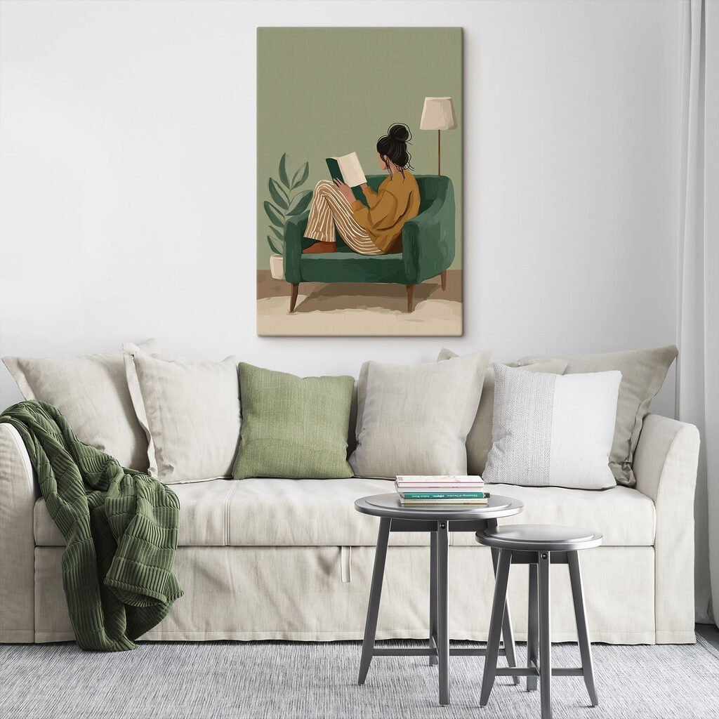 Vrouw die in een stoel een boek leest in een interieur
