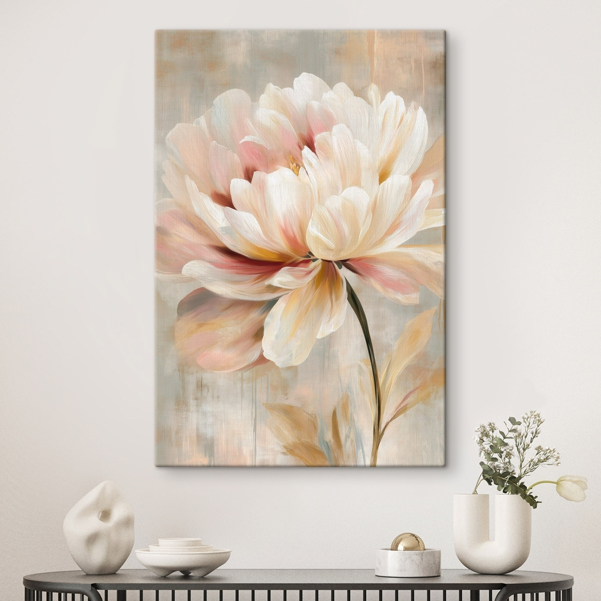 Een delicate pioenroos in pasteltinten, geschilderd in olieverfstijl — interieur 1