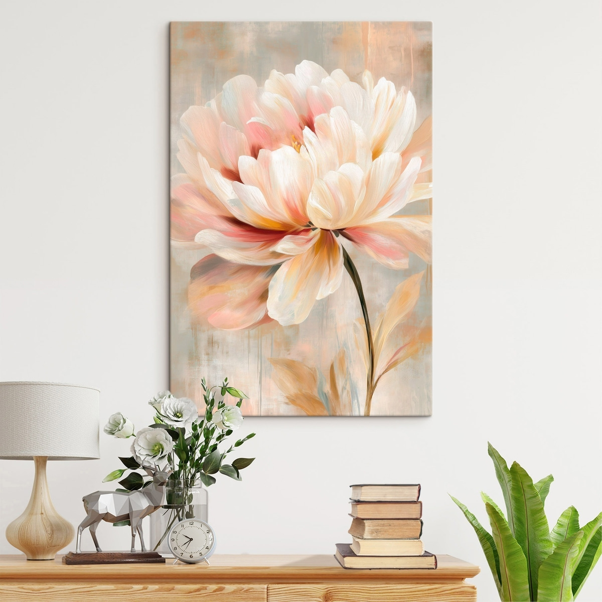 Een delicate pioenroos in pasteltinten, geschilderd in olieverfstijl — interieur 3