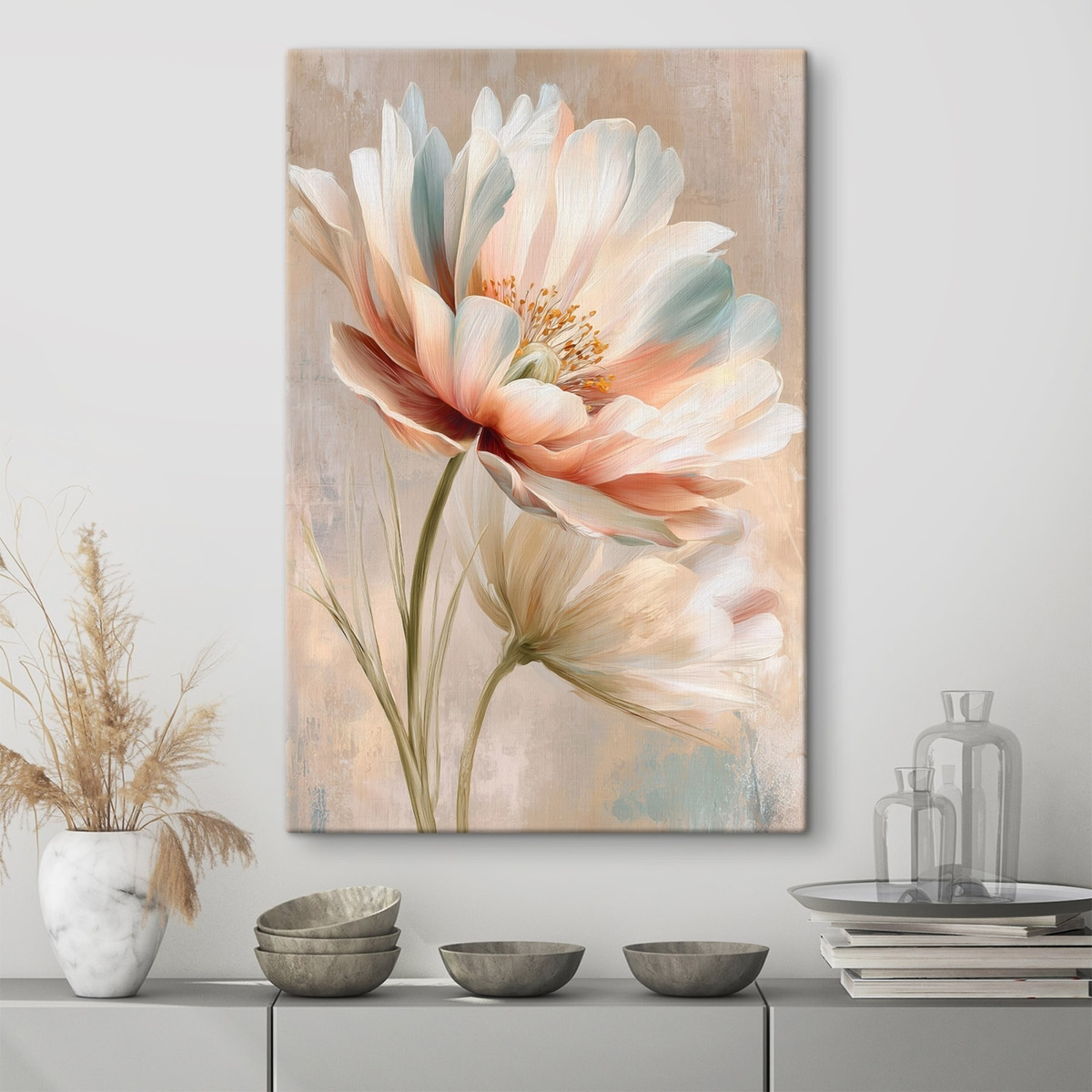 Verfijnde pioenrozen in een beige en koraalkleurig palet, in de stijl van een olieverfschilderij — interieur 1