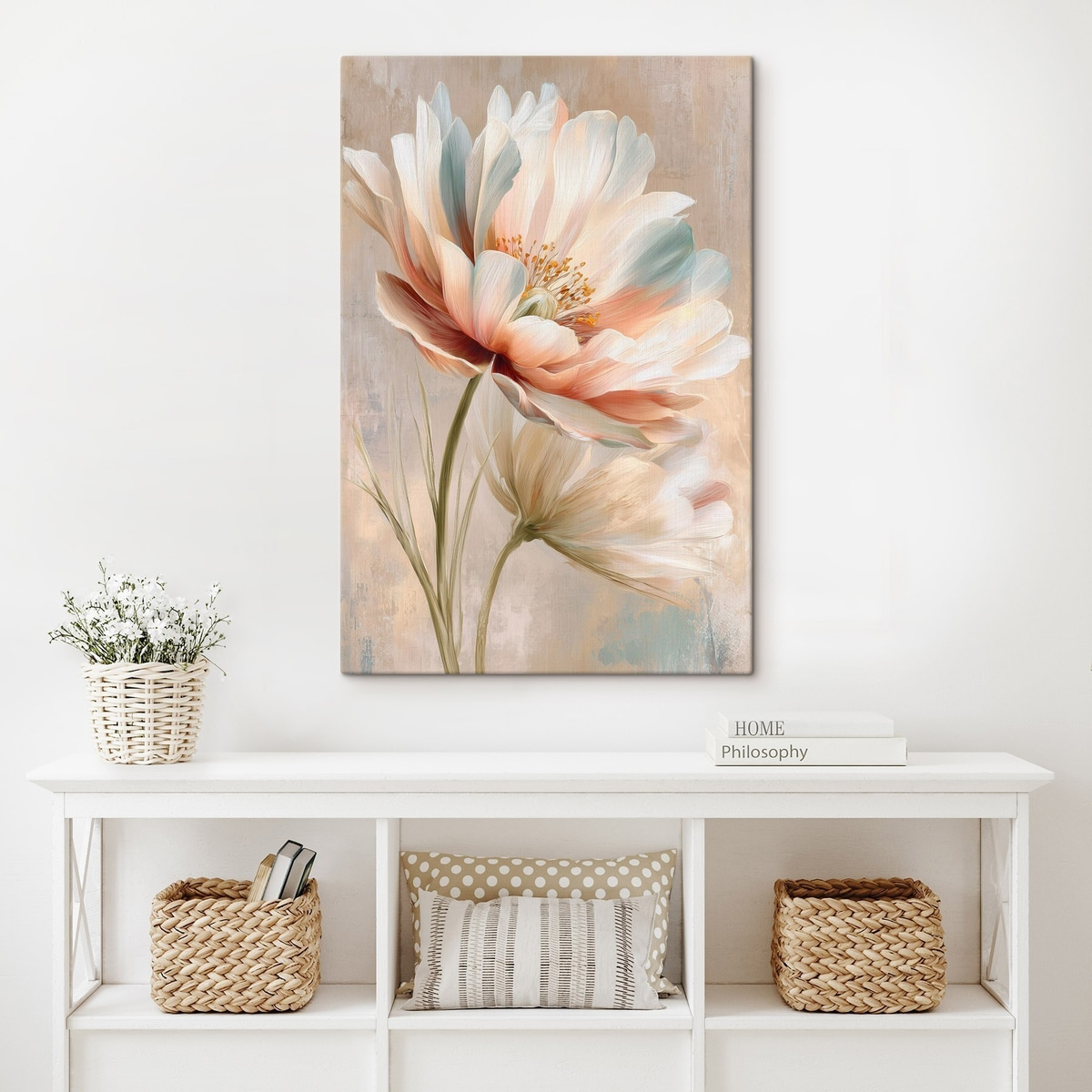 Verfijnde pioenrozen in een beige en koraalkleurig palet, in de stijl van een olieverfschilderij — interieur 2