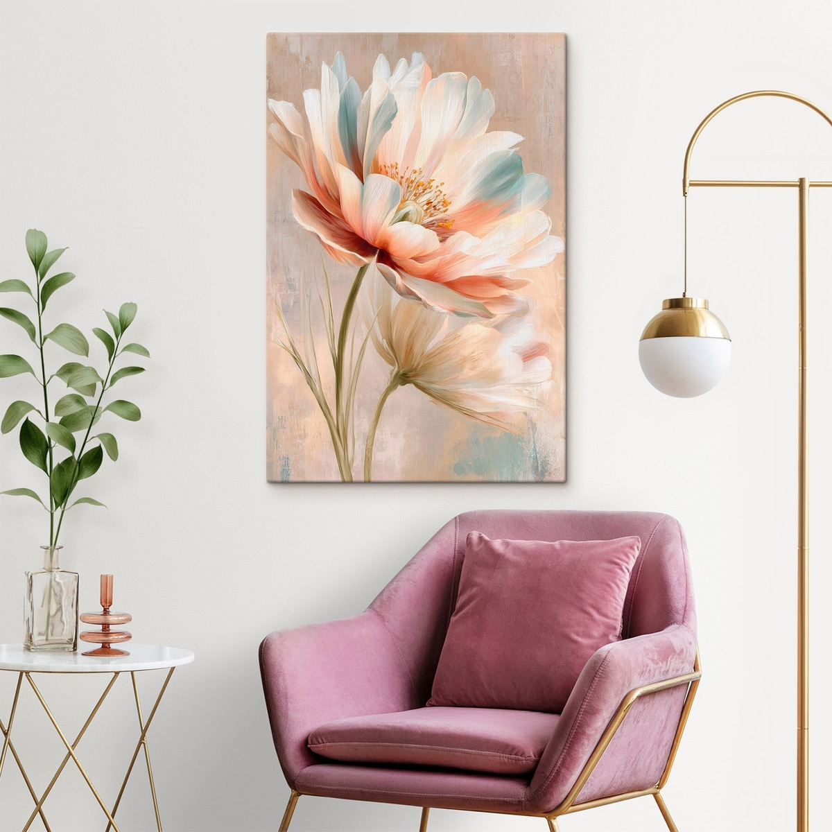 Verfijnde pioenrozen in een beige en koraalkleurig palet, in de stijl van een olieverfschilderij — interieur 3