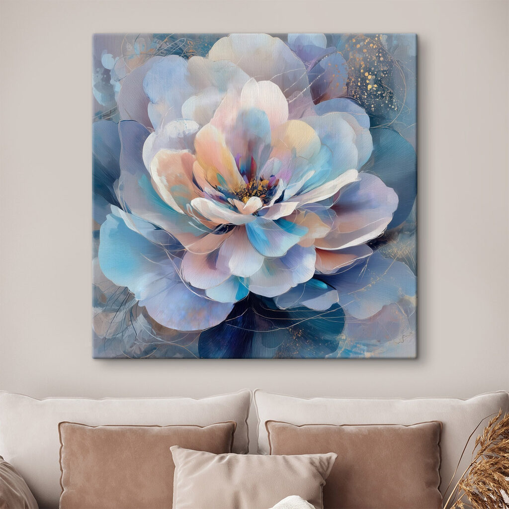 Pastelbloem in blauwe lichtkring in een interieur