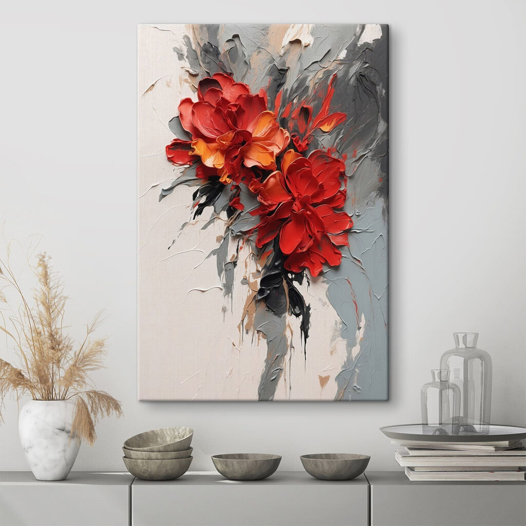 Bloemen tussen grijze breuklijnen in een interieur