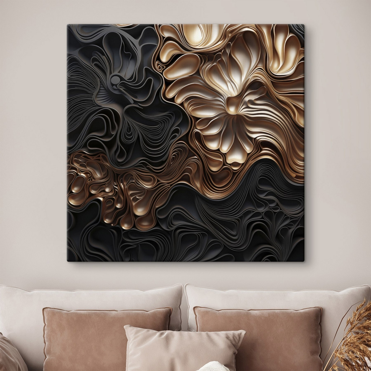 Abstracte, vloeiende, organische donkere vormen die een moderne kunst met textuur vormen — interieur 1