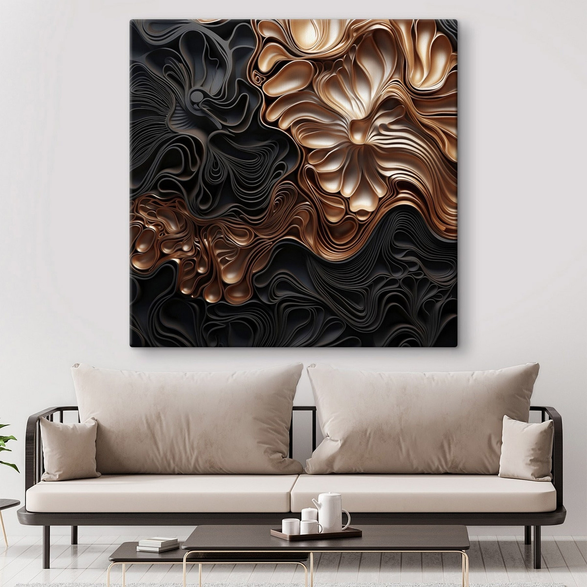 Abstracte, vloeiende, organische donkere vormen die een moderne kunst met textuur vormen — interieur 2