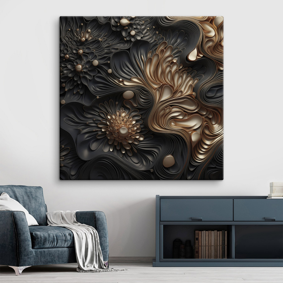 Abstracte, vloeiende, organische donkere vormen die een moderne kunst met textuur vormen — interieur 2