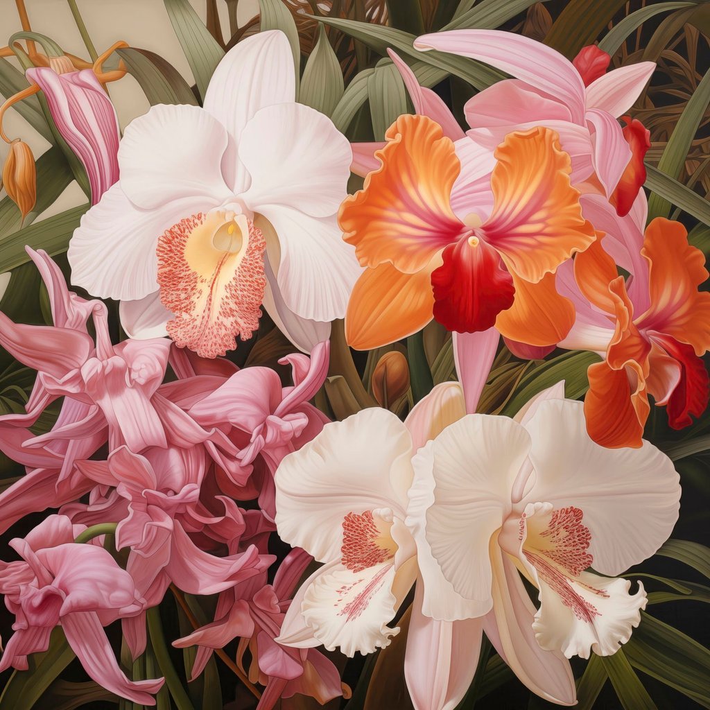 Boeket met tropische bloemen, orchideeën met groen blad op de achtergrond — volledig ontwerp