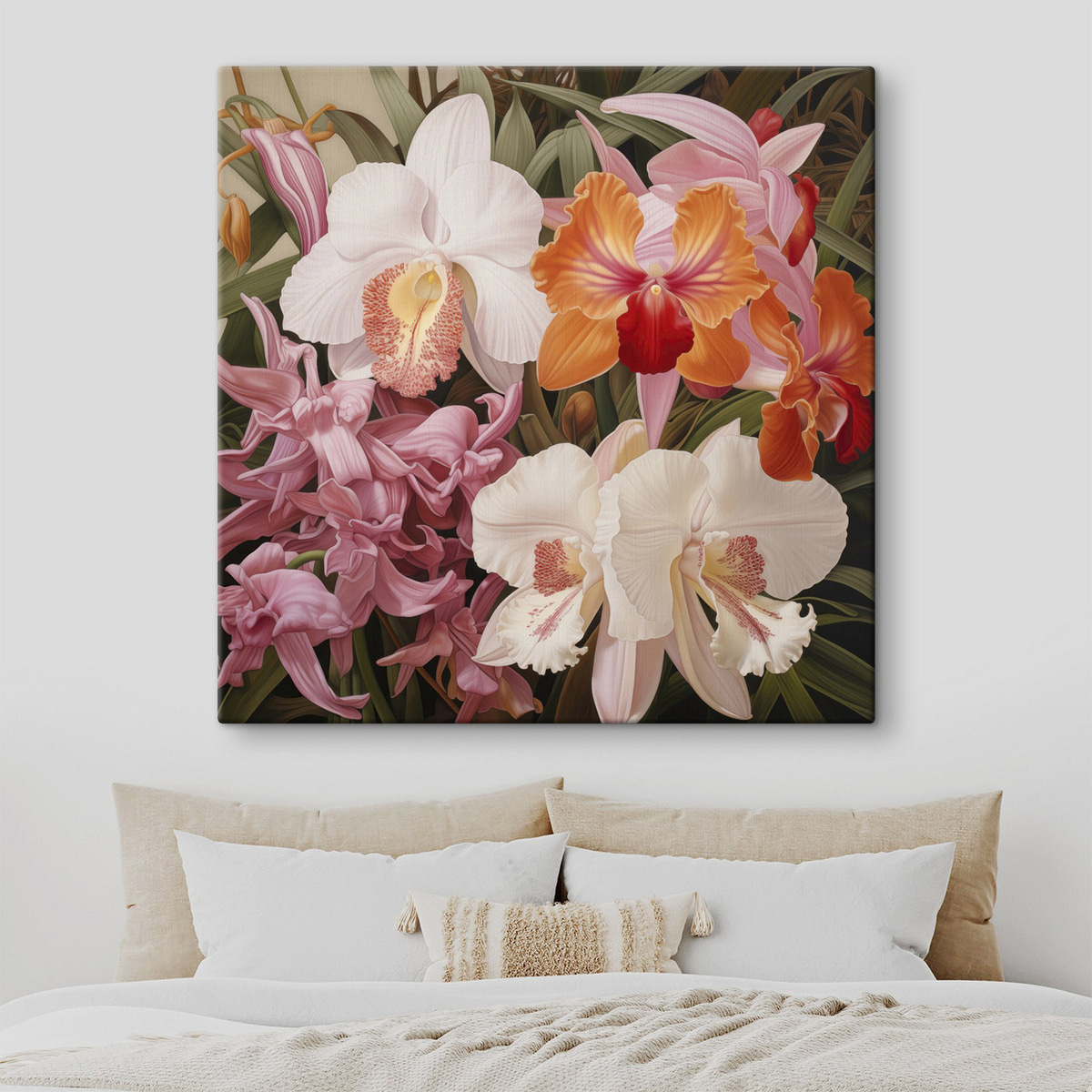 Boeket met tropische bloemen, orchideeën met groen blad op de achtergrond — interieur 2