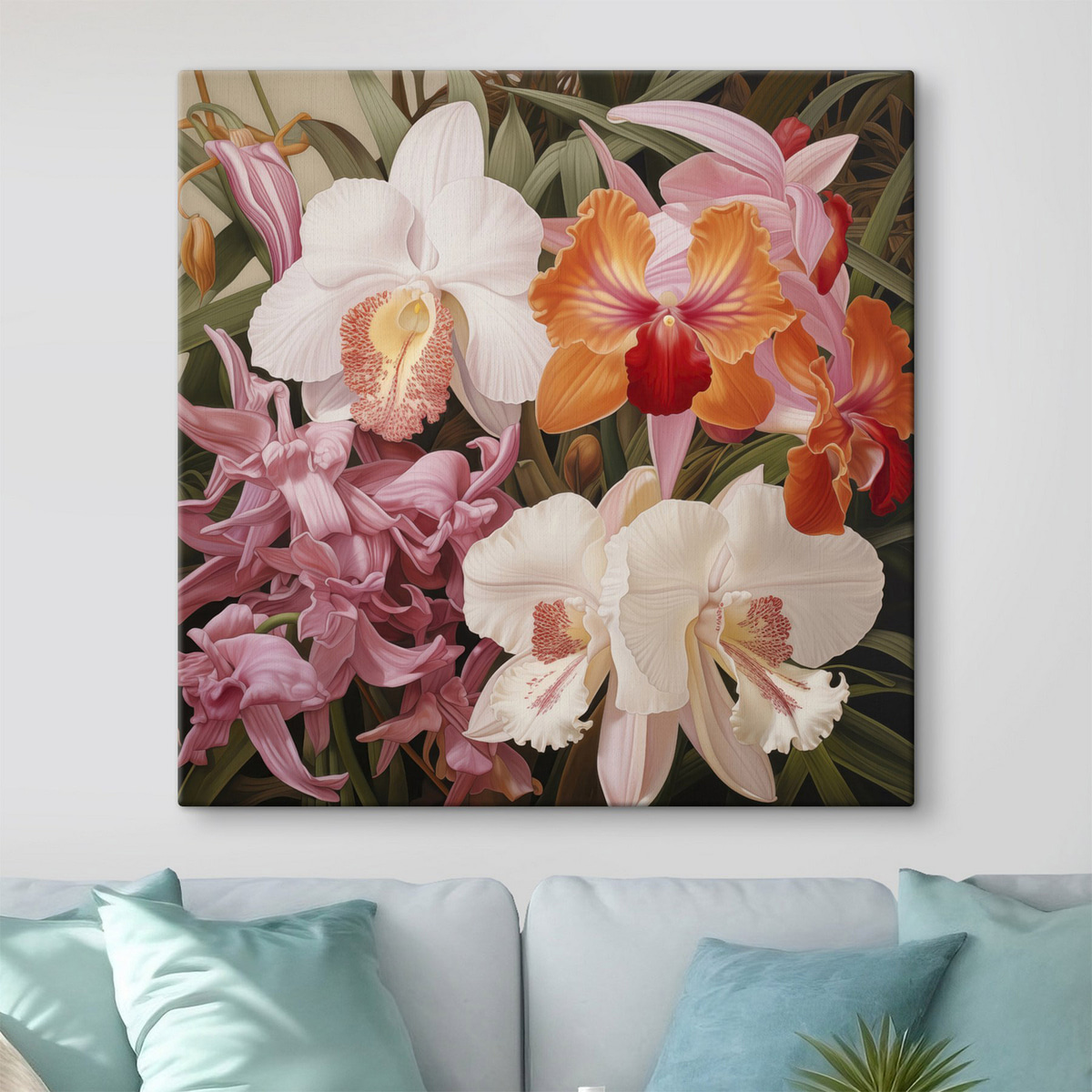 Boeket met tropische bloemen, orchideeën met groen blad op de achtergrond — interieur 1