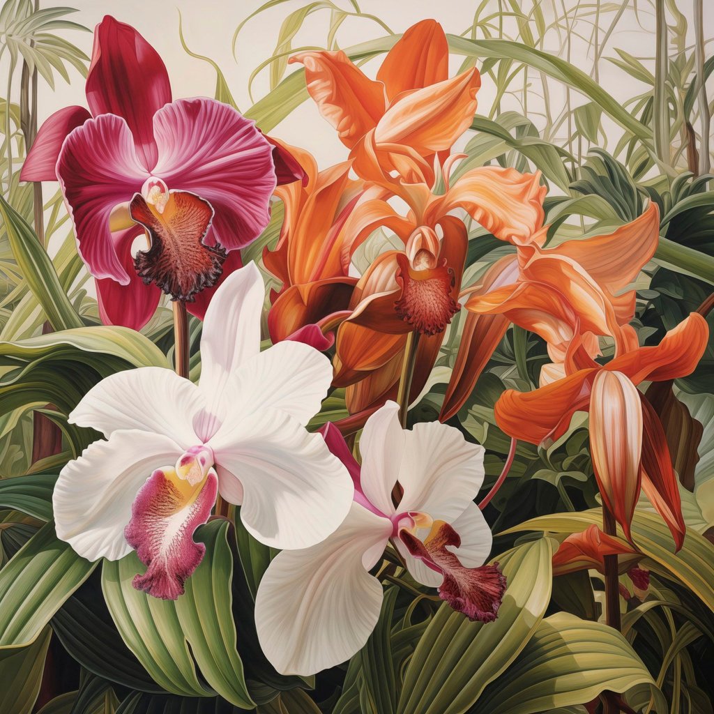 Boeket met tropische bloemen, orchideeën met groen blad op de achtergrond — volledig ontwerp
