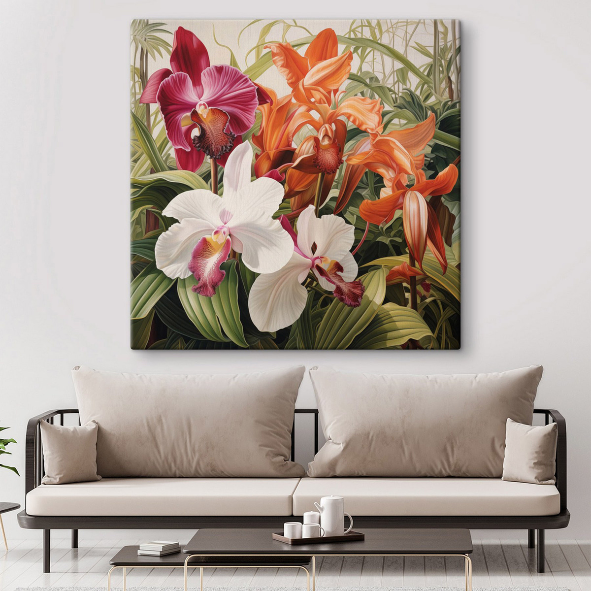 Boeket met tropische bloemen, orchideeën met groen blad op de achtergrond — interieur 2