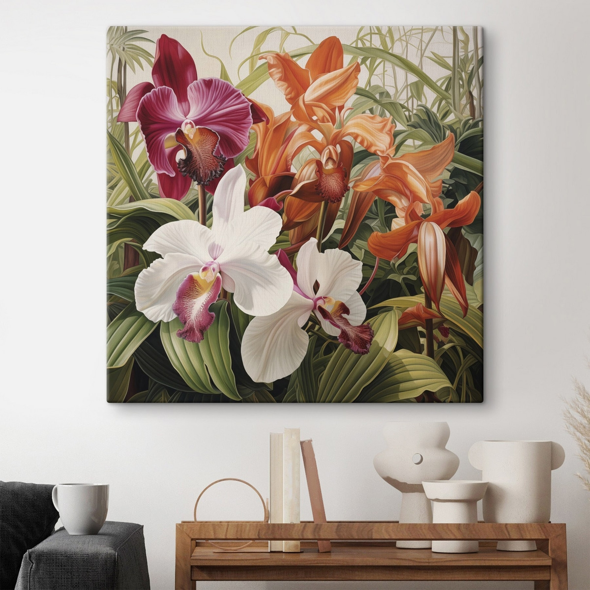 Boeket met tropische bloemen, orchideeën met groen blad op de achtergrond — interieur 1