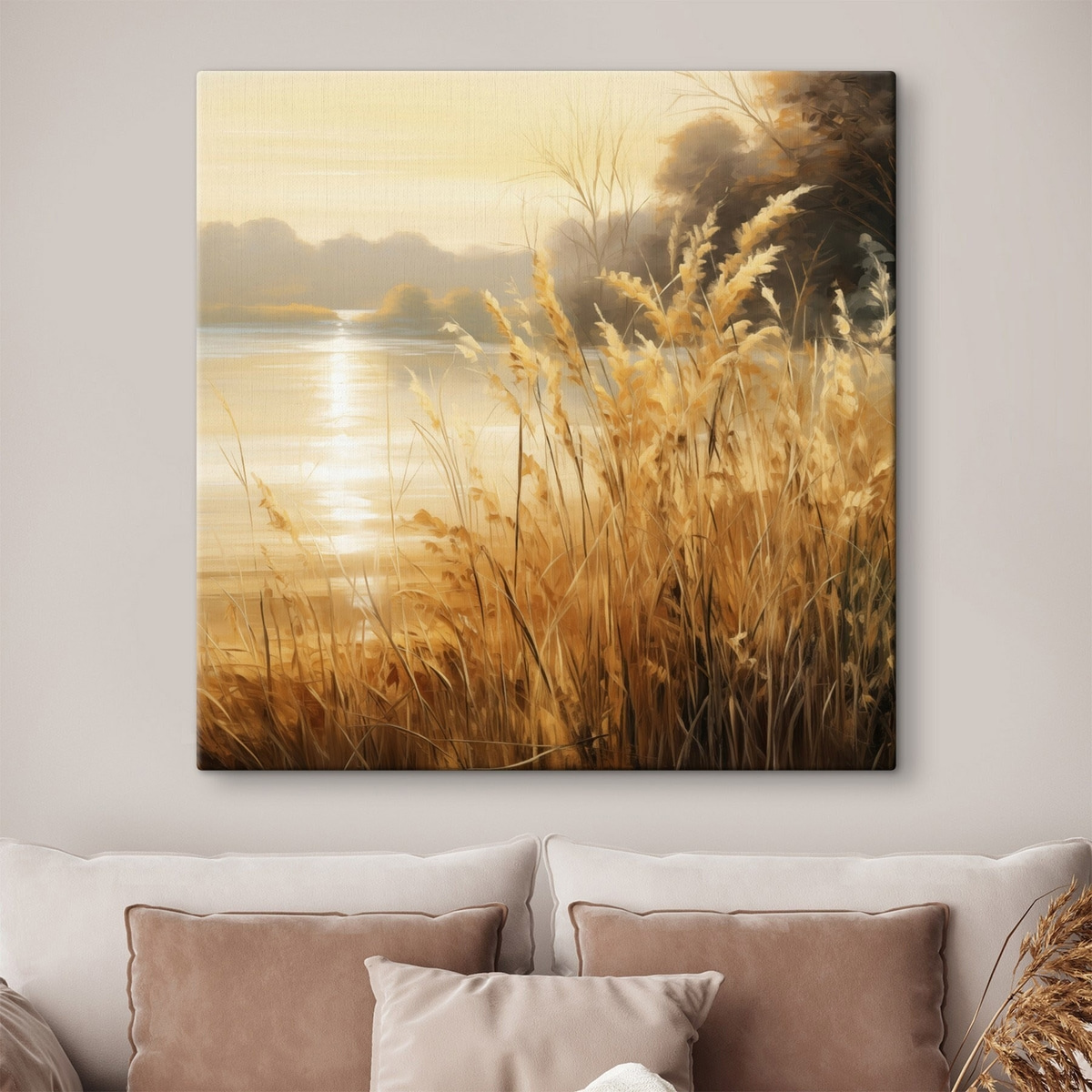 Hoog, droog gras met aartjes op de voorgrond, met op de achtergrond een meer en bomen — interieur 2
