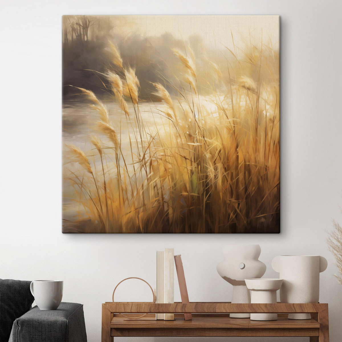 Hoog, droog gras met aartjes op de voorgrond, met op de achtergrond een meer en bomen — interieur 1