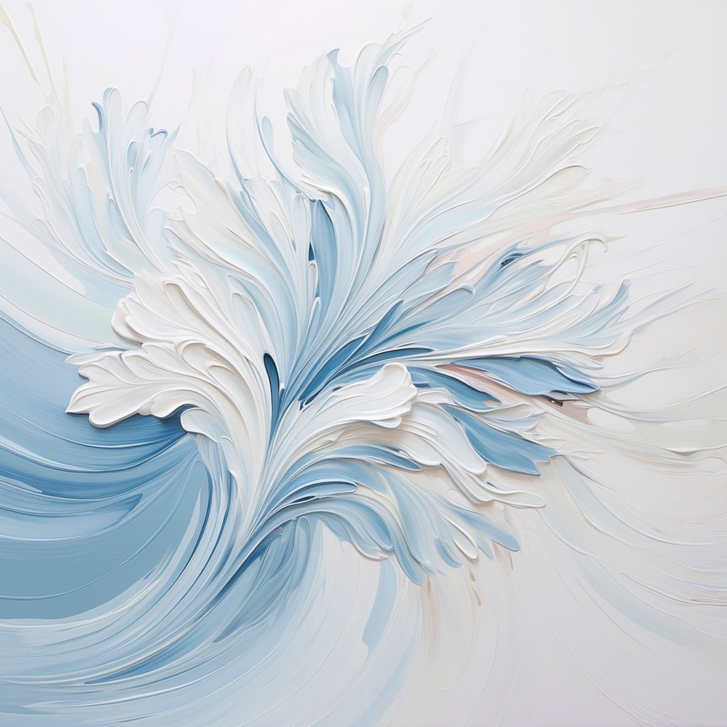 Een abstract bloemmotief in wit en lichtblauw met bloemblaadjes met textuur en wervelende lijnen — volledig ontwerp