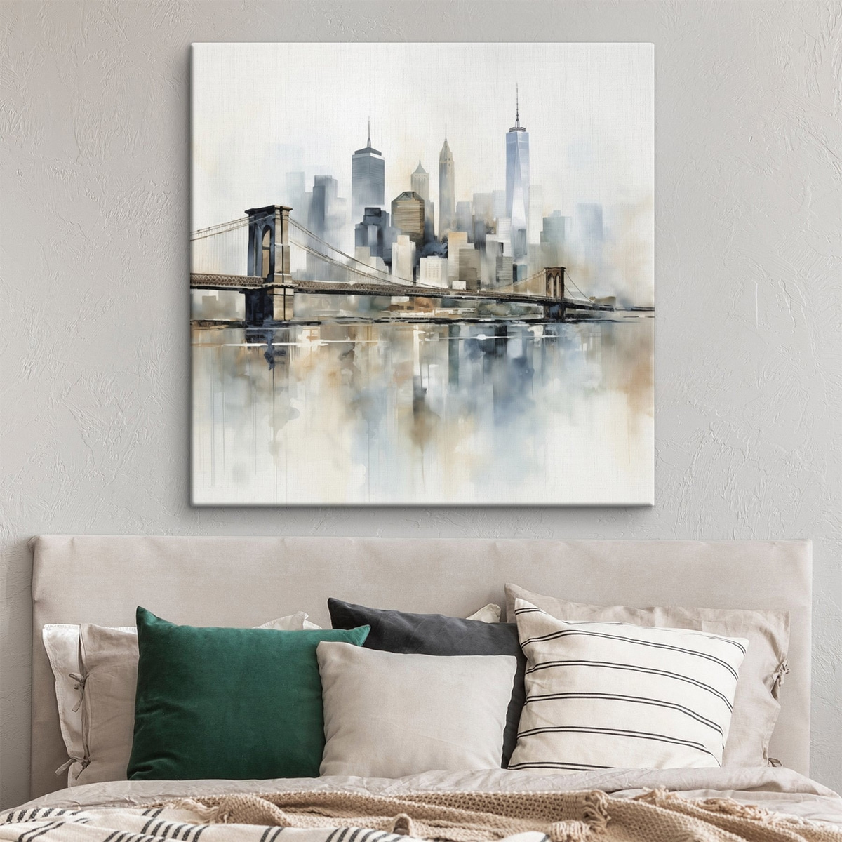 Abstracte stadsskyline, in aquarelstijl in een interieur
