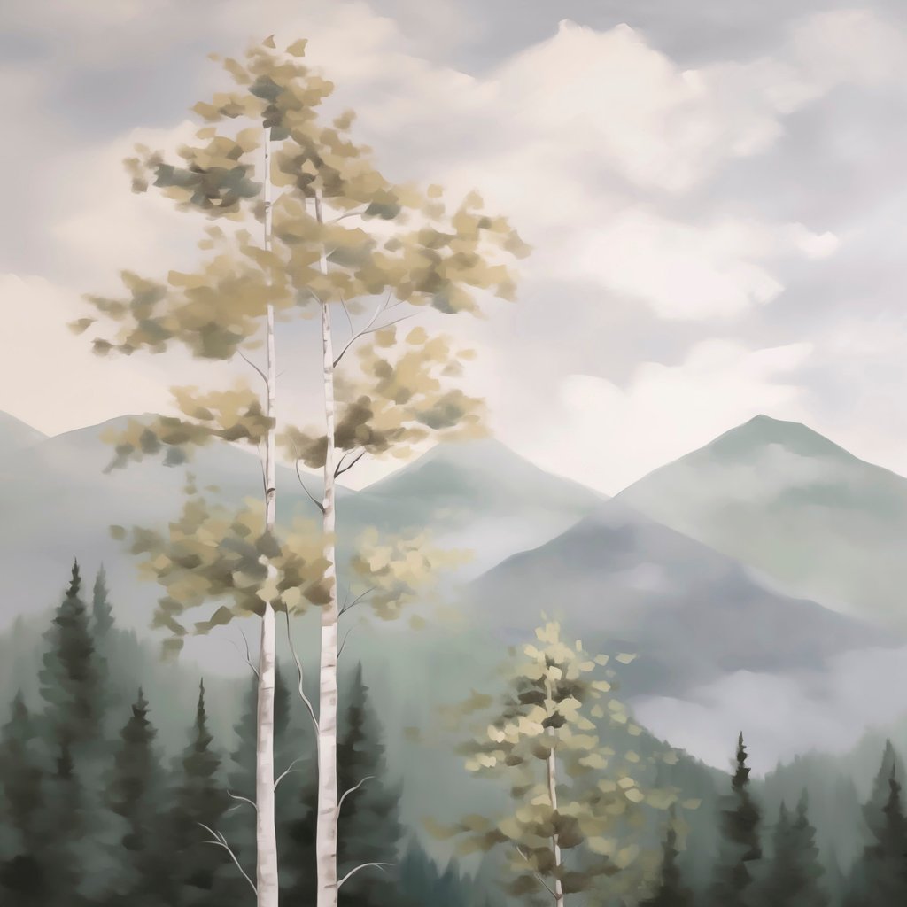 Bomen tegen een bergachtige achtergrond, schilderijimitatie — volledig ontwerp