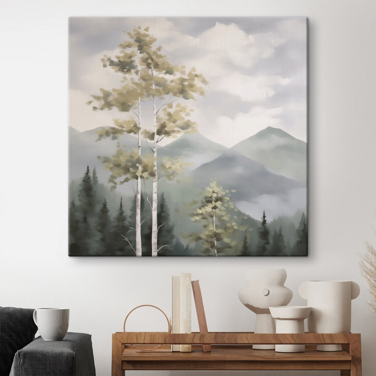 Bomen tegen een bergachtige achtergrond, schilderijimitatie — interieur 2