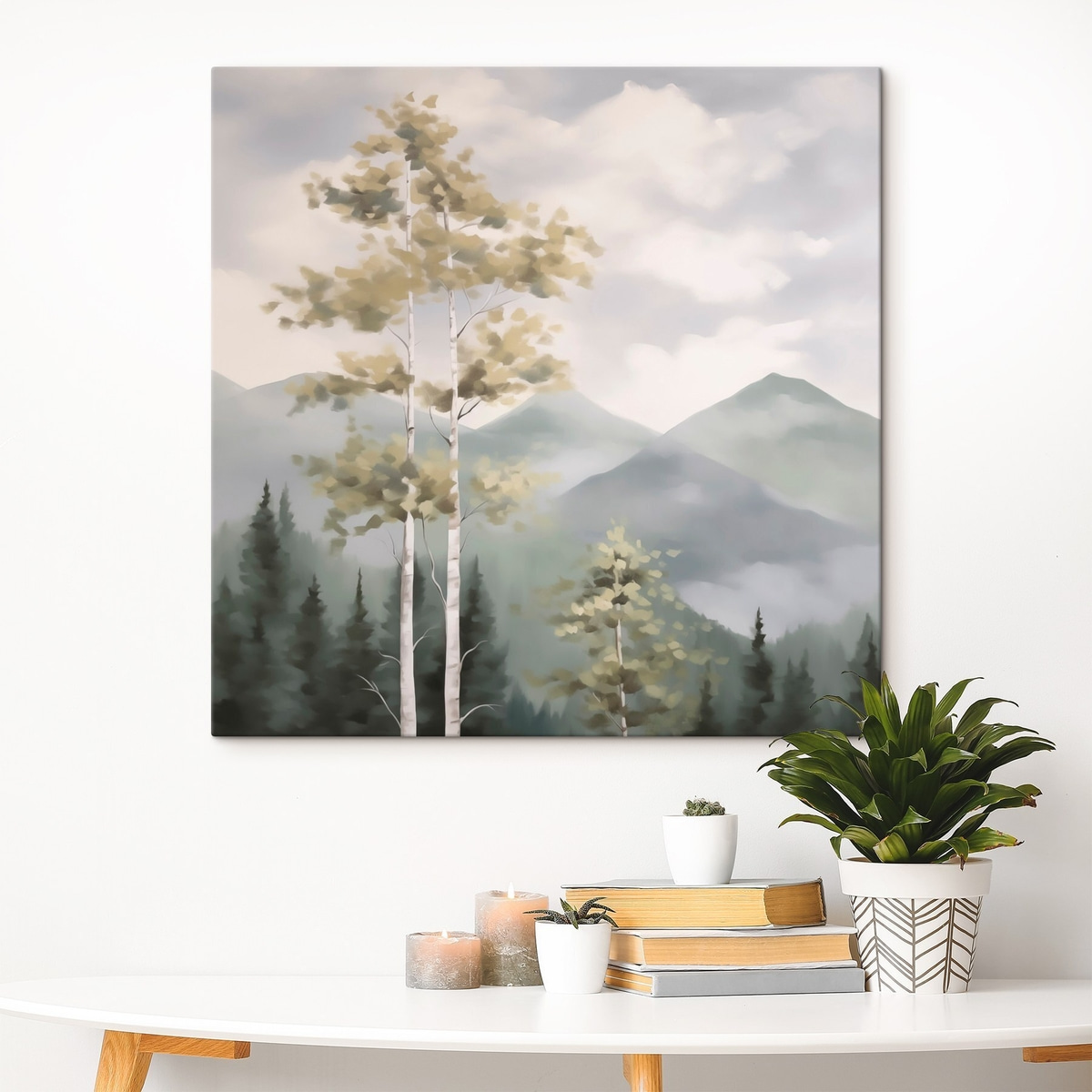 Bomen tegen een bergachtige achtergrond, schilderijimitatie — interieur 1