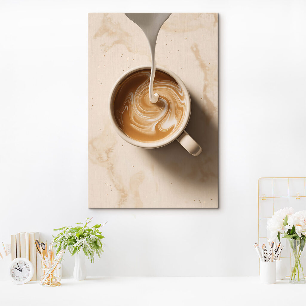 Een kopje koffie waarin melk wordt ingeschonken in een interieur