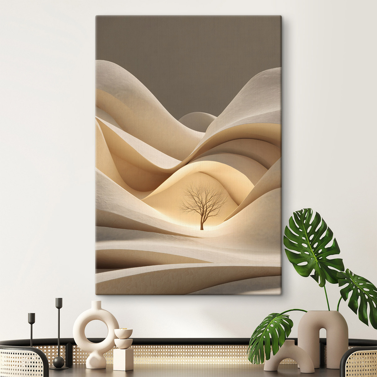 een surrealistisch landschap met een boom — interieur 1