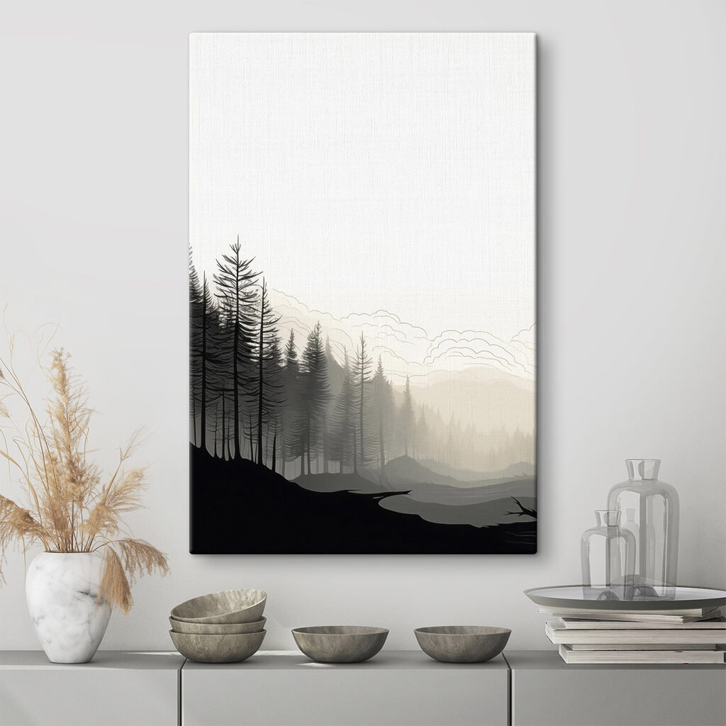 Landschap met bomen en bergen in een interieur