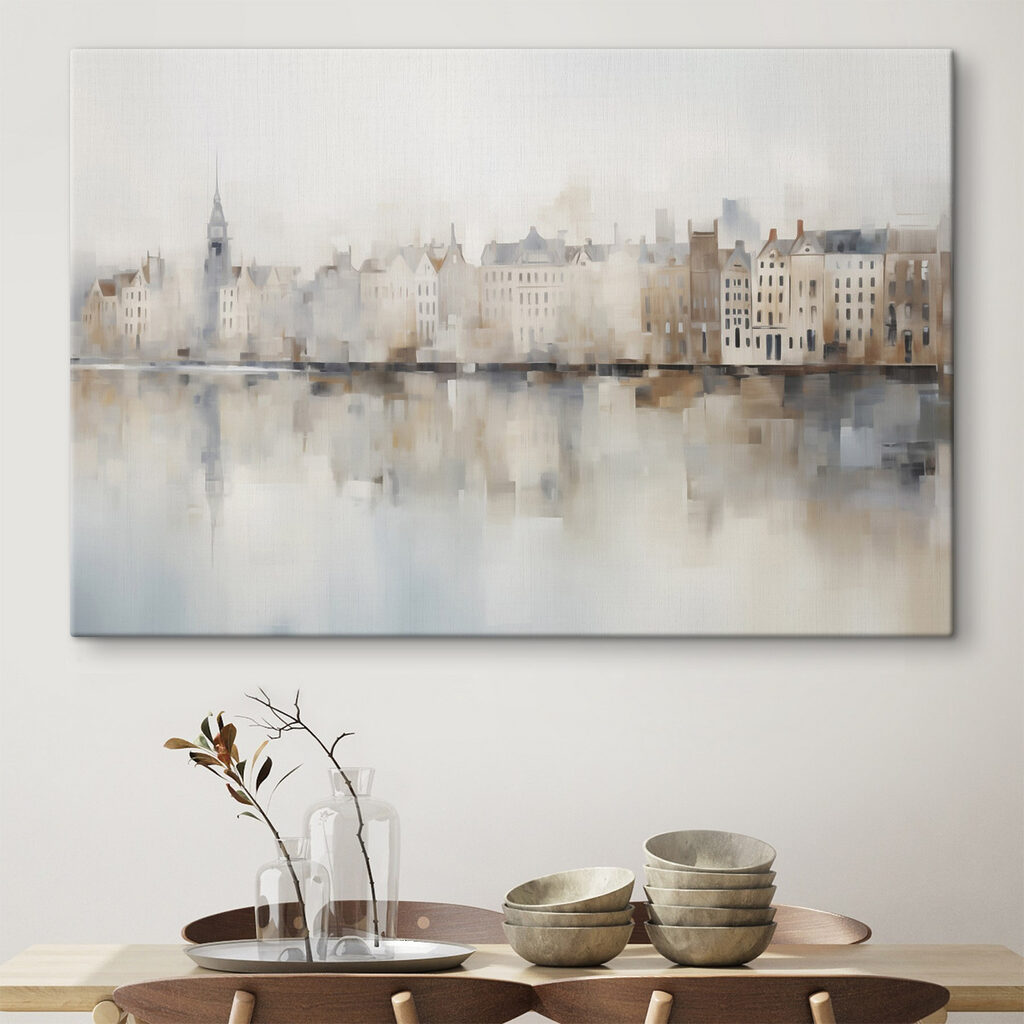 Aquarel van een stad in een interieur