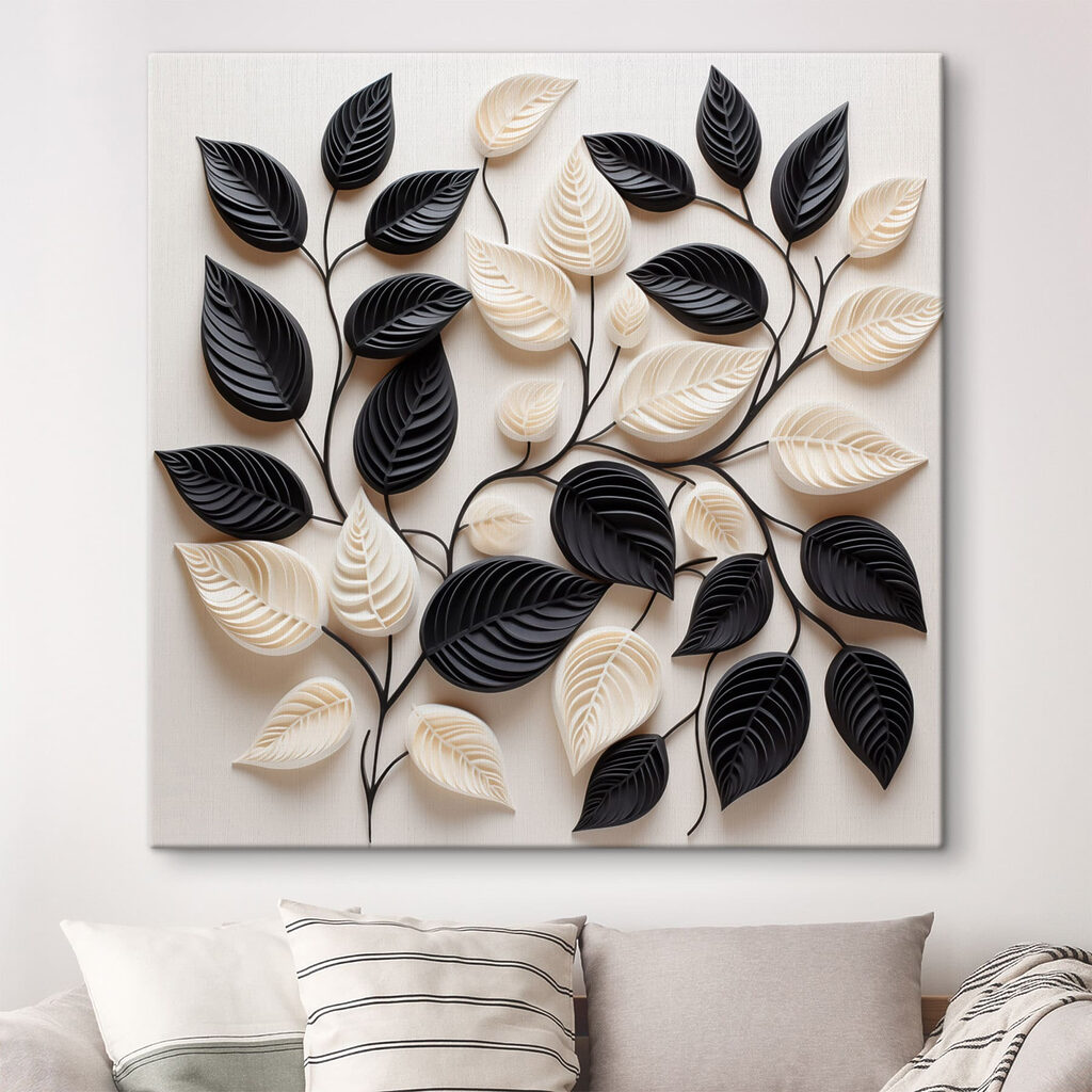 Zwarte en witte bladeren op een witte achtergrond in een interieur
