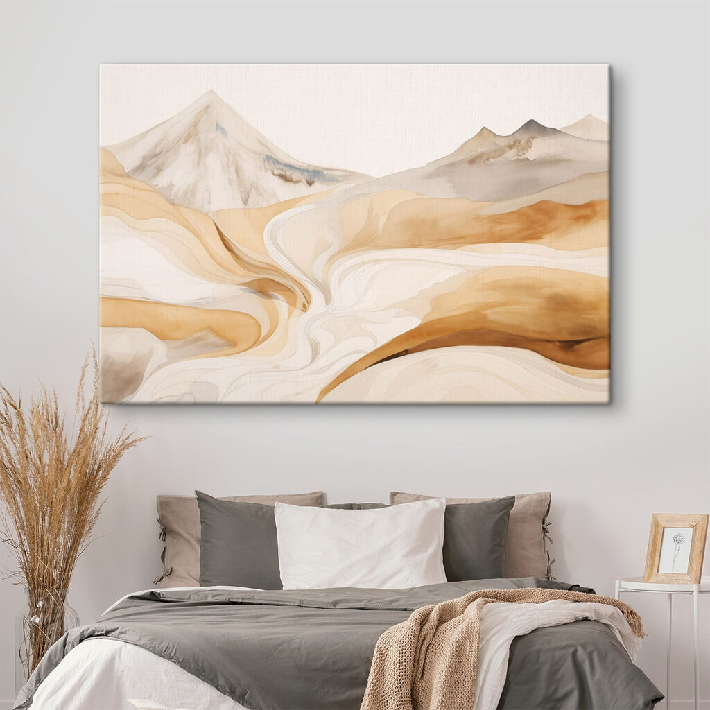 Aquarelschilderij van een woestijnlandschap in een interieur
