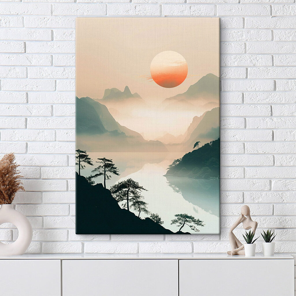 Landschap met bergen en een meer in een interieur