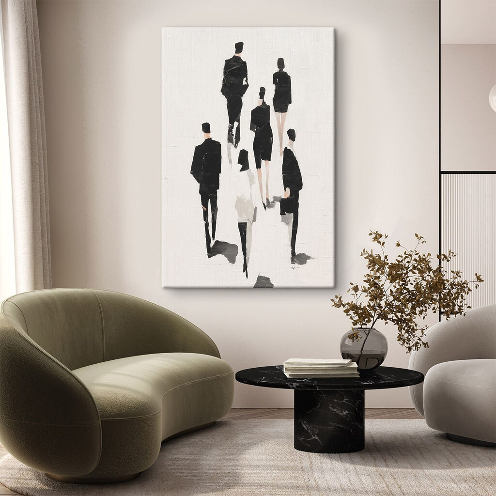 Zwarte silhouetten wandelen vooruit in een interieur