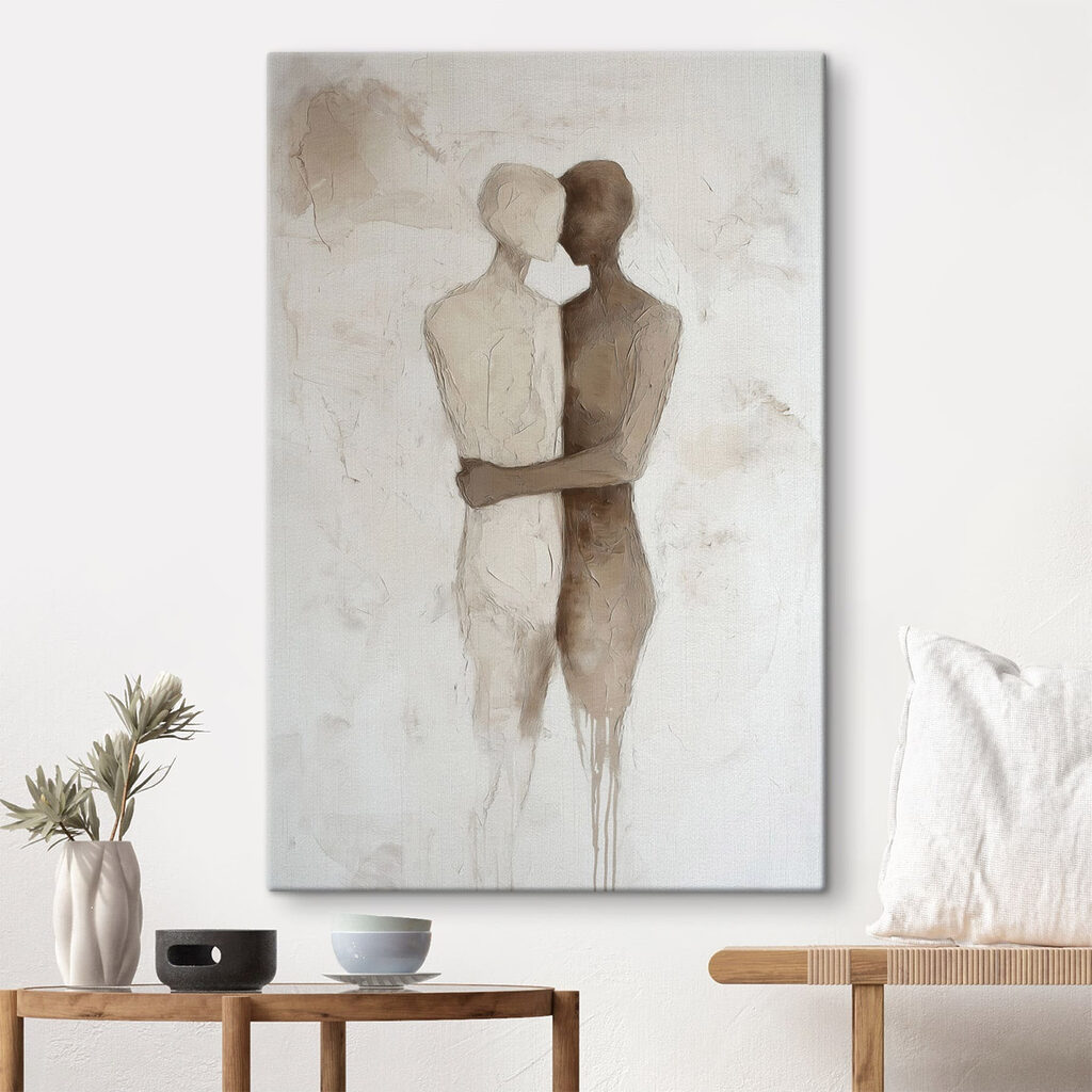 Tekening van twee mensen die elkaar omhelzen in een interieur